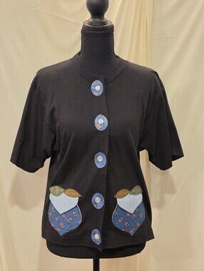 Vintage ALORE Black Cotton Cardigan Blue Floral Heart Pockets Size Medium